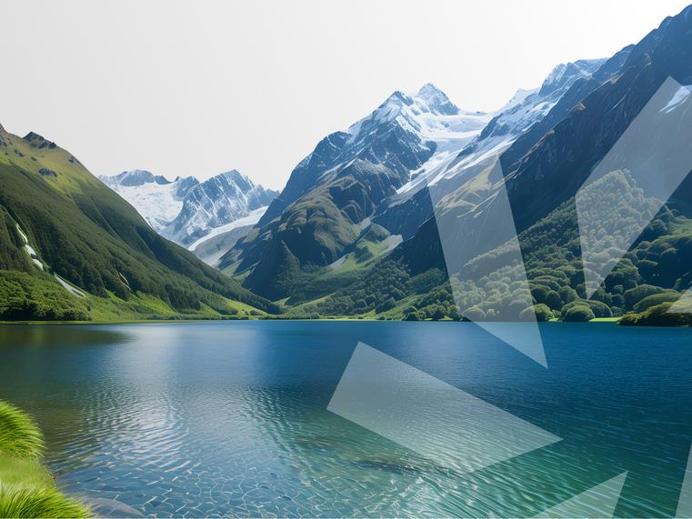 Panoramabild eines klaren Bergsees umgeben von grünen Bergen, überlagert mit transparentem Lüfter-Symbol.