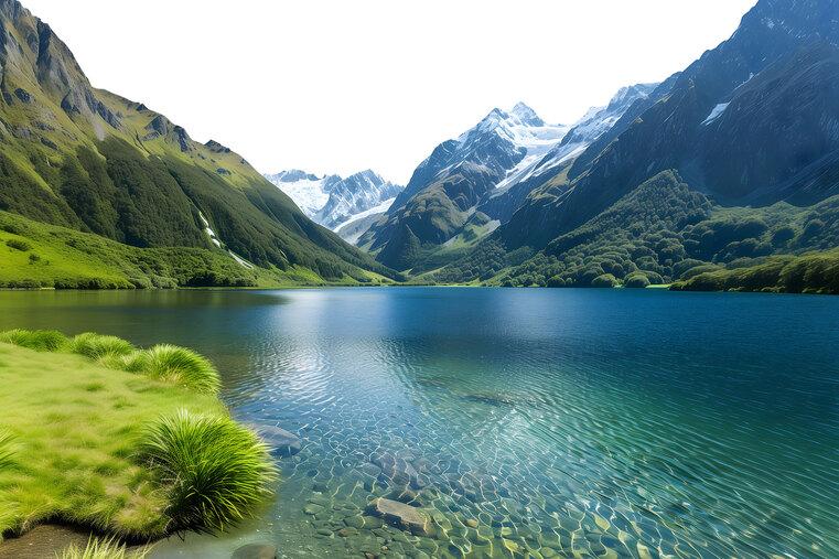 Klarer Bergsee mit grünen Berghängen und schneebedeckten Gipfeln im Hintergrund.