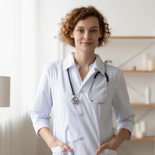 Ärztin mit Stethoskop in weißem Kittel. Repräsentiert Kältetechnik und Klimasysteme für den medizinischen Bereich.